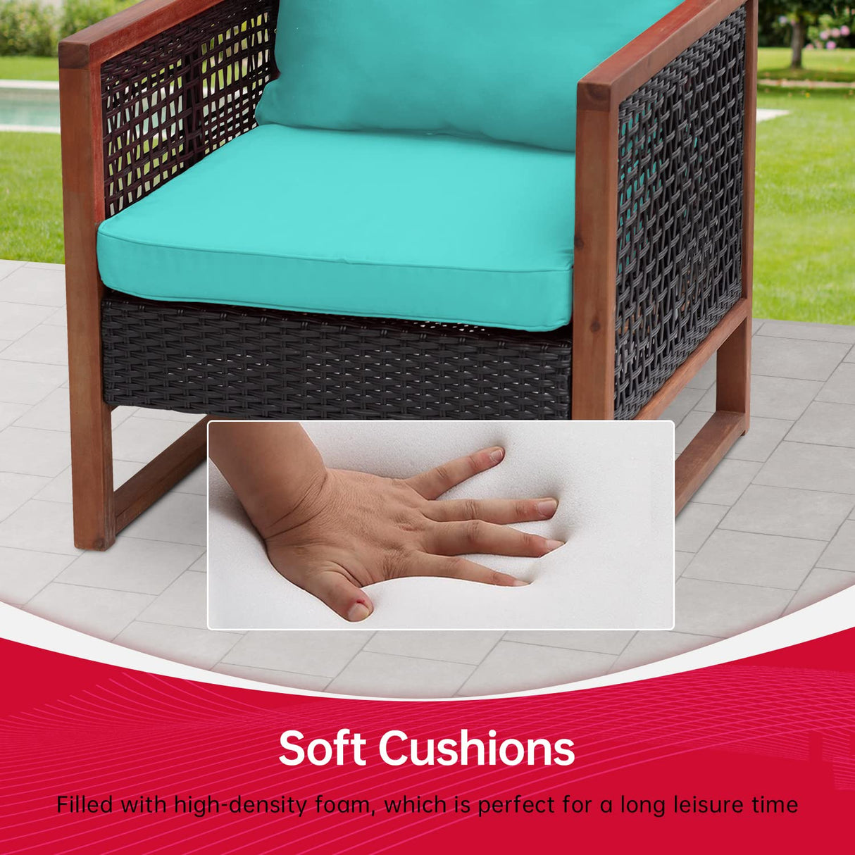 FDW 3-Piece Patio Bistro Set Acacia Wood Outdoor Chat Conversation Table Chair Set Outdoor Wood Chat Set with Water Resistant Cushions and Coffee Table for Beach Backyard Garden,Blue Cushion FDW