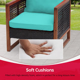 FDW 3-Piece Patio Bistro Set Acacia Wood Outdoor Chat Conversation Table Chair Set Outdoor Wood Chat Set with Water Resistant Cushions and Coffee Table for Beach Backyard Garden,Blue Cushion FDW