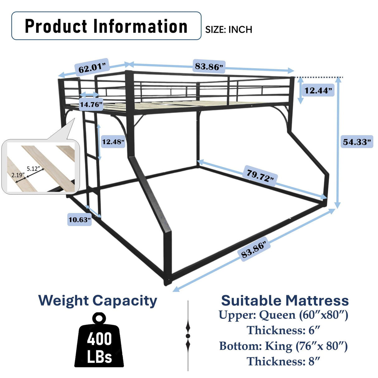 PVWIIK Queen Over King Bunk Bed with Guardrails for Girls, Boys,Metal Bed Frame w/Ladder for Adult Teenagers Kids Bedroom,Reinforcement Design and Space Saving Design, No Box Spring Needed,Black PVWIIK
