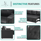 Naomi Home Jenny Sectional Sofa Sleeper with Storage Chaise, Tufted Pull Out Couch with Storage, Sectional Sofa Bed, L-Shaped Reversible Sleeper Sofa with Storage, Black,Air Leather Naomi Home