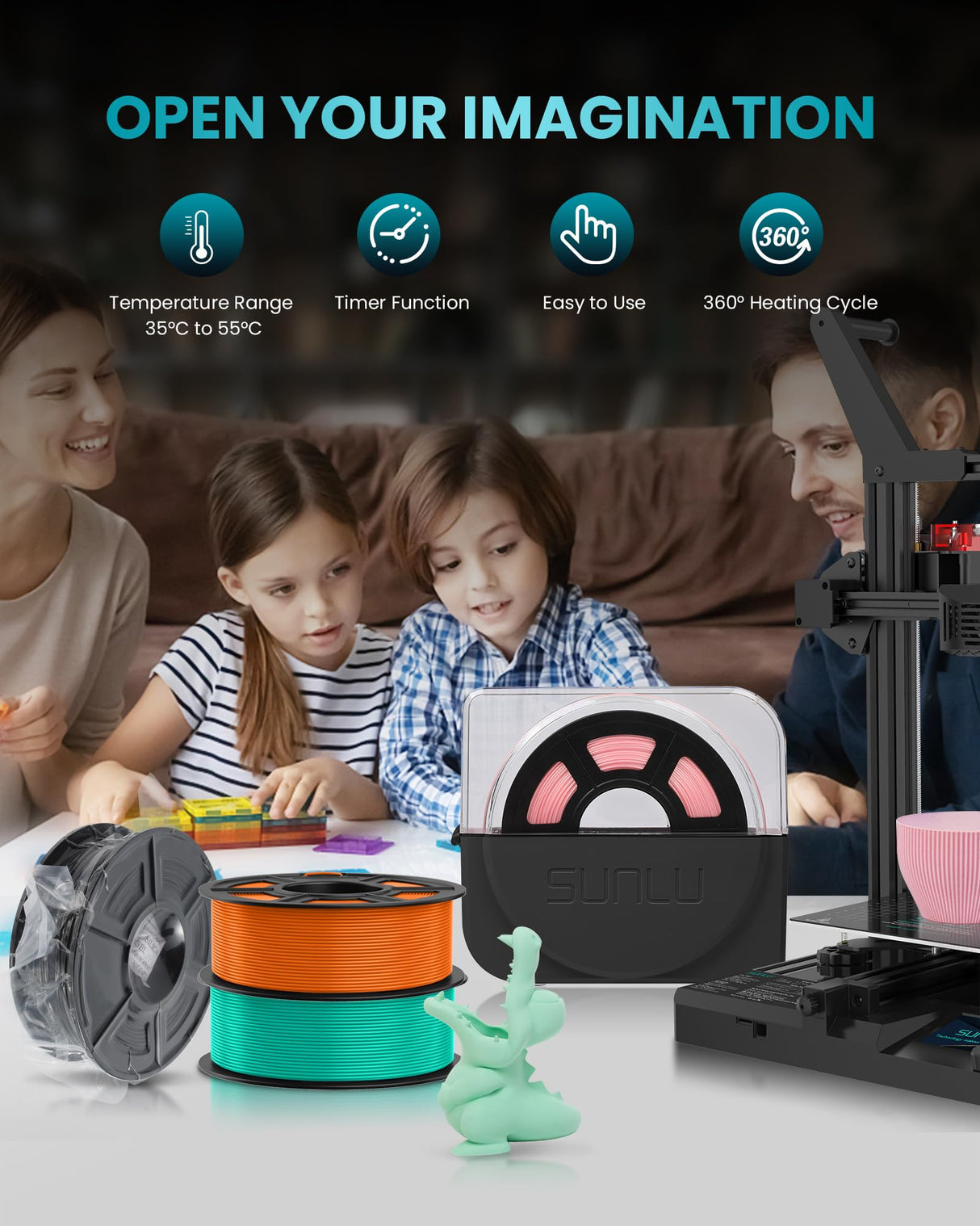 SUNLU Filament Dryer Box for 3D Printer Filament, S1 Plus Filament Dehydrator with Fan Design, Filament Storage can Keep 1.75 2.85 3.00mm PLA PETG ABS Filament Dry During 3D Printing (Black) SUNLU