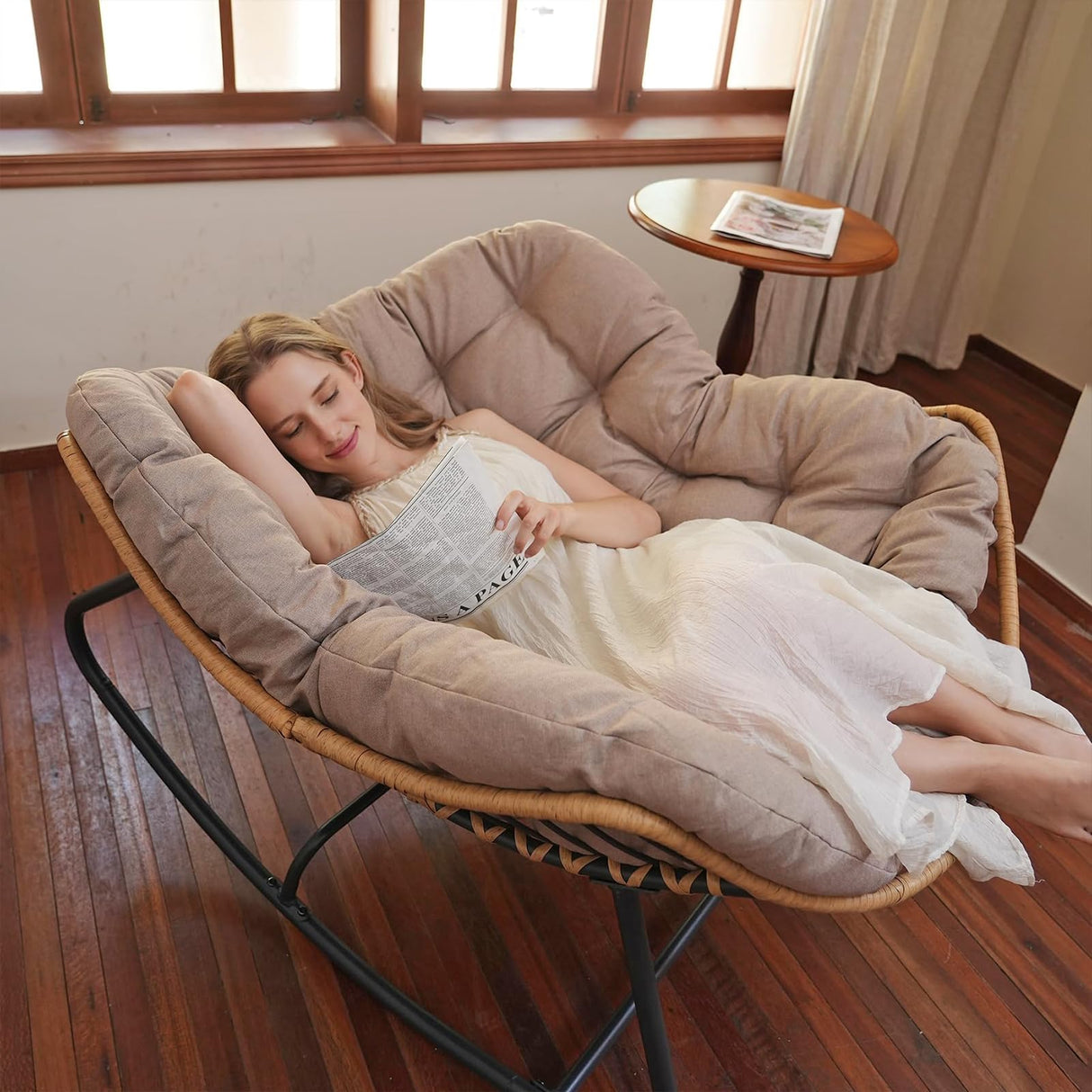 SWITTE Outdoor Rocking Chair, Patio Egg Rocking Chair, Indoor Papasan Chair, Rattan Wicker Lounge Chair, Modern Royal Chair for Bedroom, Living Room, Porch, Garden, Lawn-Beige SWITTE