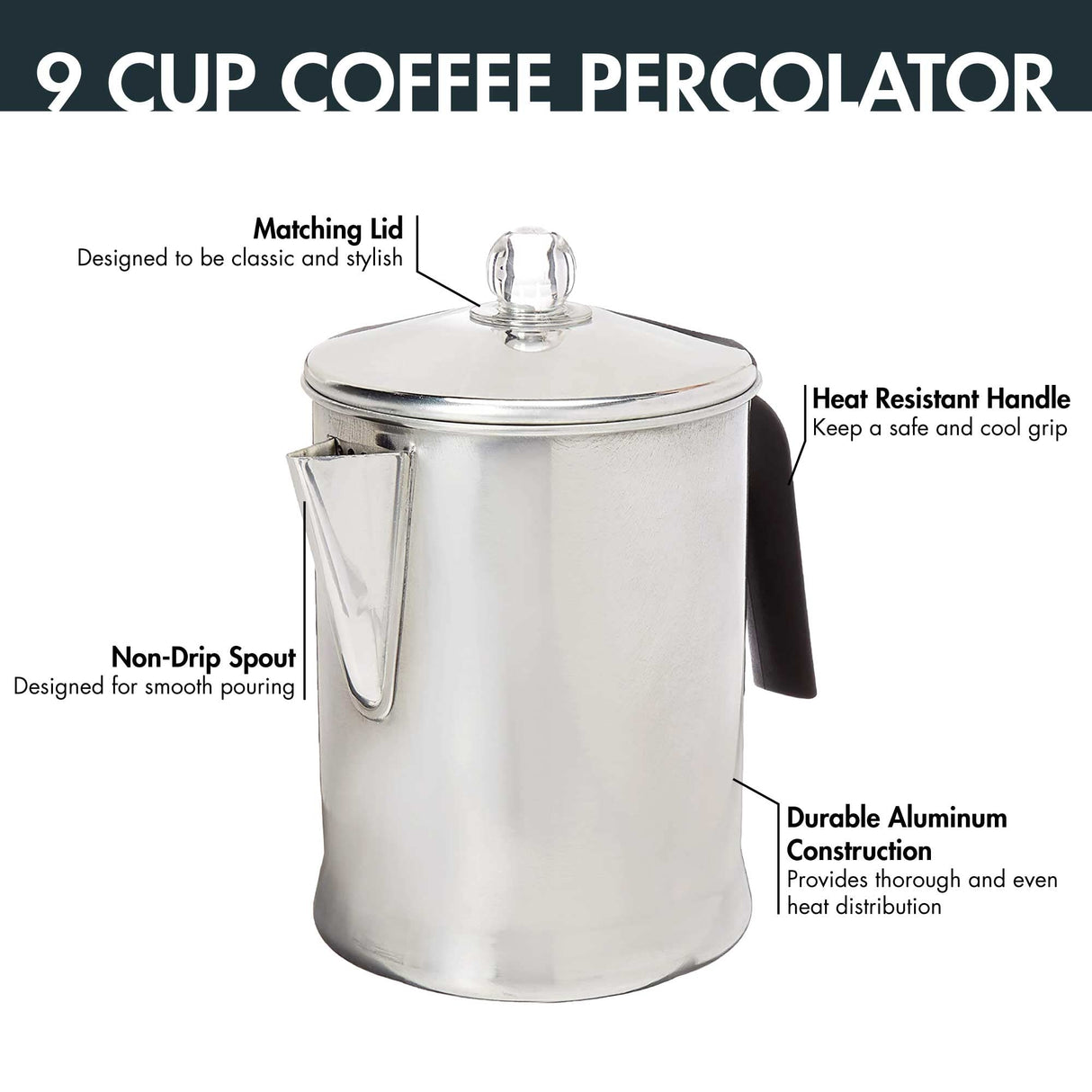 Primula Today Aluminum Stove Top Percolator Maker Durable, Brew Coffee On Stovetop, 9 Cup, Silver Primula