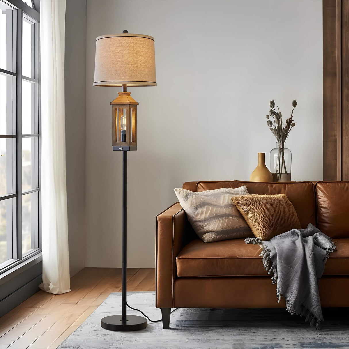 G-SAFAVA 63" Farmhouse Floor Lamps for Living Room Bedside Nightstand Lamp Black Tall Standing Lamp for Home Decor Bedroom Reading Wood Lamp Rustic Bed Lights with 2 Light Sources G-SAFAVA