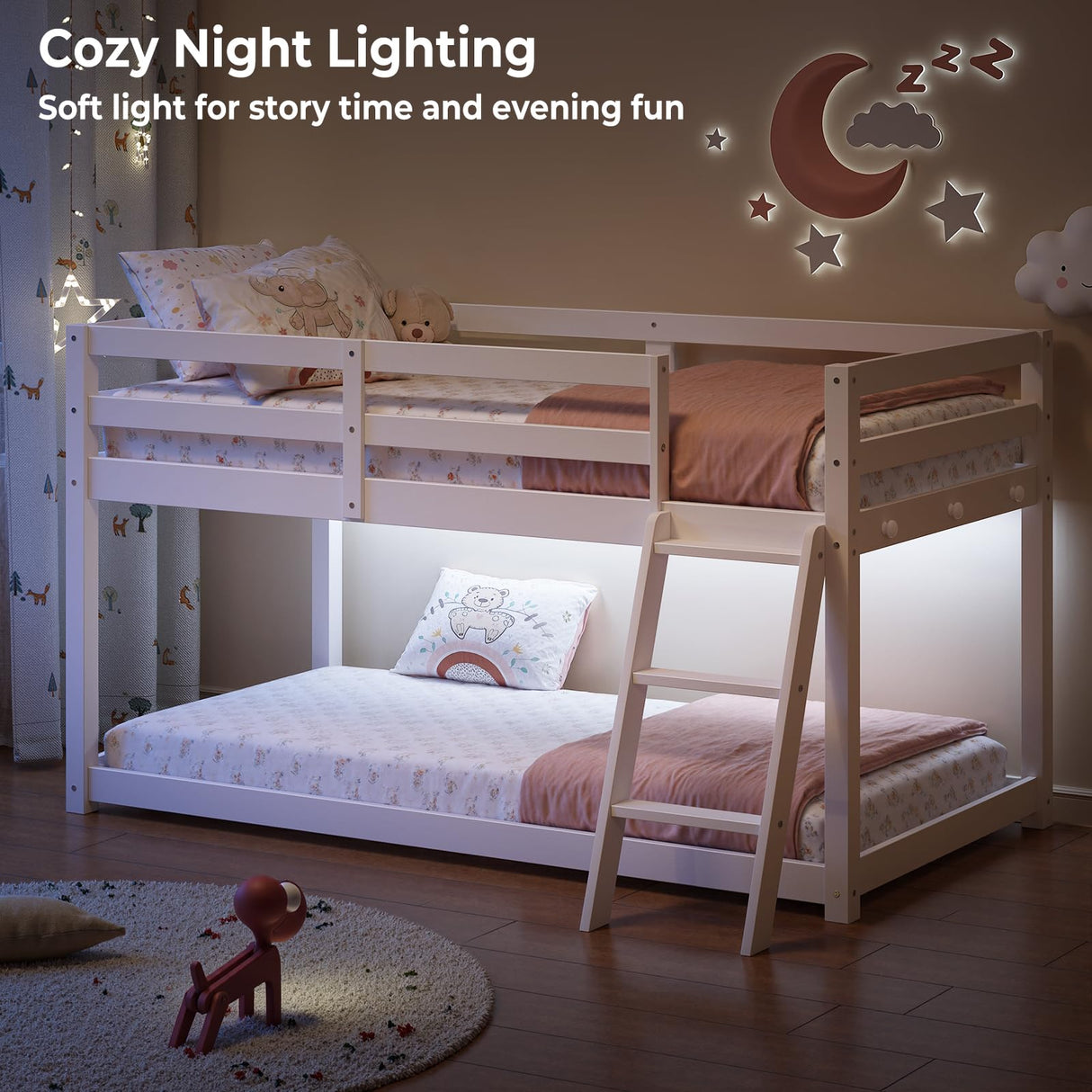 Vantic Low Bunk Bed with Guardrail and LED Light, Floor Toddler Bunk Bed Twin Over Twin with Wide Stairs, Convertible Soild Wooden Loft Bed for Kids with 6 Hooks, Space-Saving, White Vantic