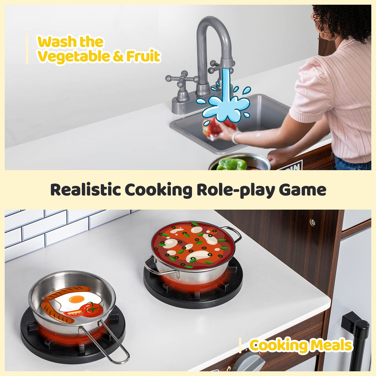 BRINJOY Corner Play Kitchen for Kids, Wooden Toddler Kitchen Playset w/Faucet, Sink, Microwave, Oven, Apron, Blackboard, Storage Cabinets, Pretend Cooking Toys w/Sound & Light Gift for Ages 3+ BRINJOY