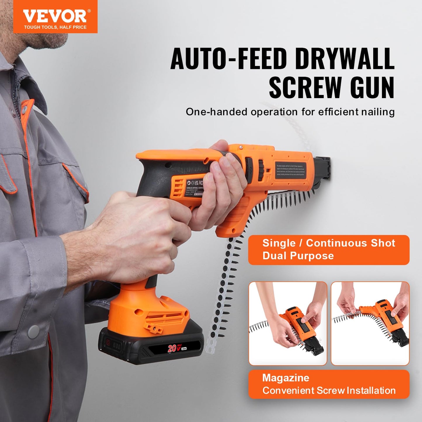 VEVOR Drywall Screw Gun Auto-Feed, 20V Max Collated Drywall Screwgun, 4200RPM Brushless Cordless Drywall Gun Kit with 2 Battery Packs, Belt Clip, Charger, Tool Bag, Screw Length and Depth Adj - WoodArtSupply