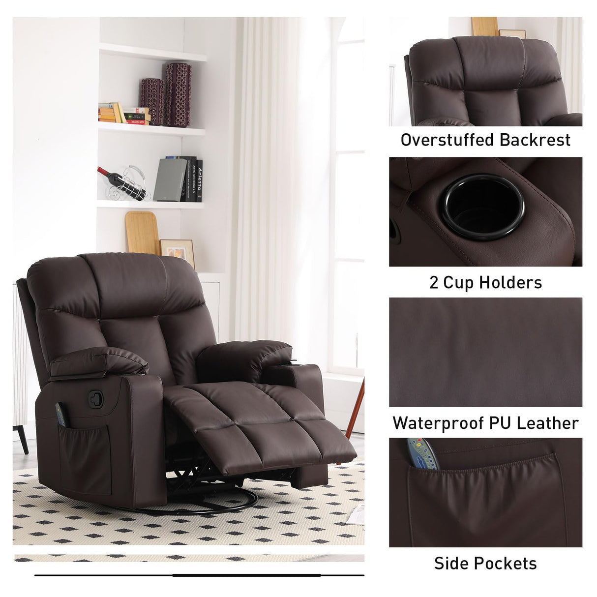 Bonzy Home Swivel Rocker Recliner with Heating and Massage, 40" Manual Rocker Recliner Chair, PU Leather Single Sofa with 2 Cup Holders for Living Room Bedroom, Brown Bonzy Home
