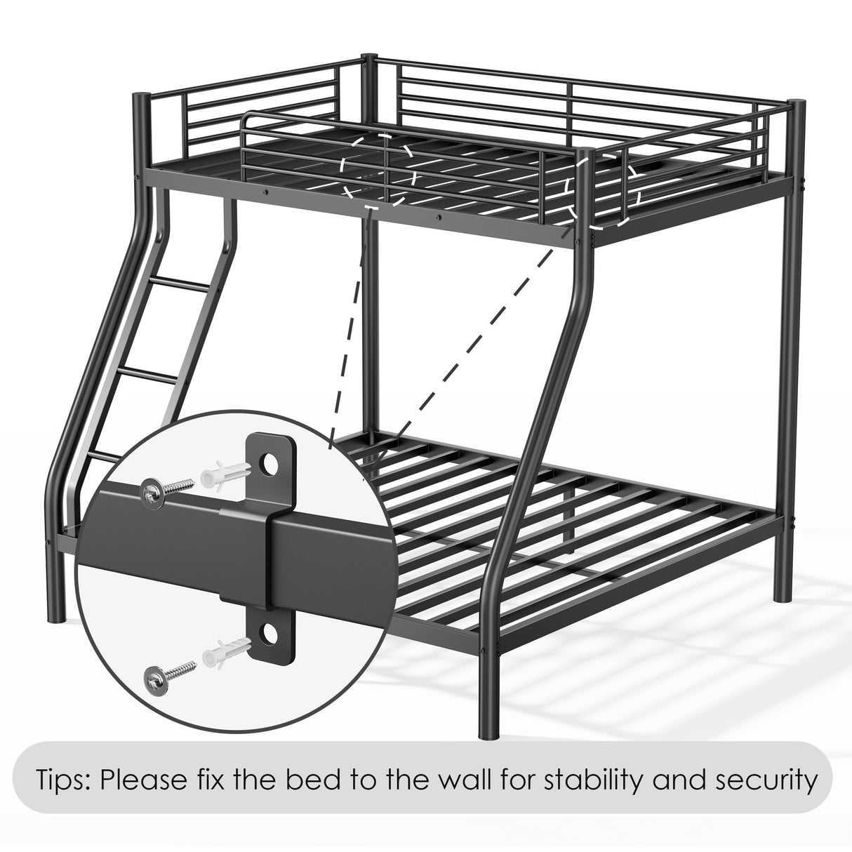 Twin Over Full Bunk Bed, Metal Bunk Beds Twin Over Full Size with Safety Ladder & Guardrail, Heavy Duty Bunkbed Frame for Adults Teens Dorm Bedroom Guest Room Apartment, Space-Saving (Black, Full) TBCOPTO