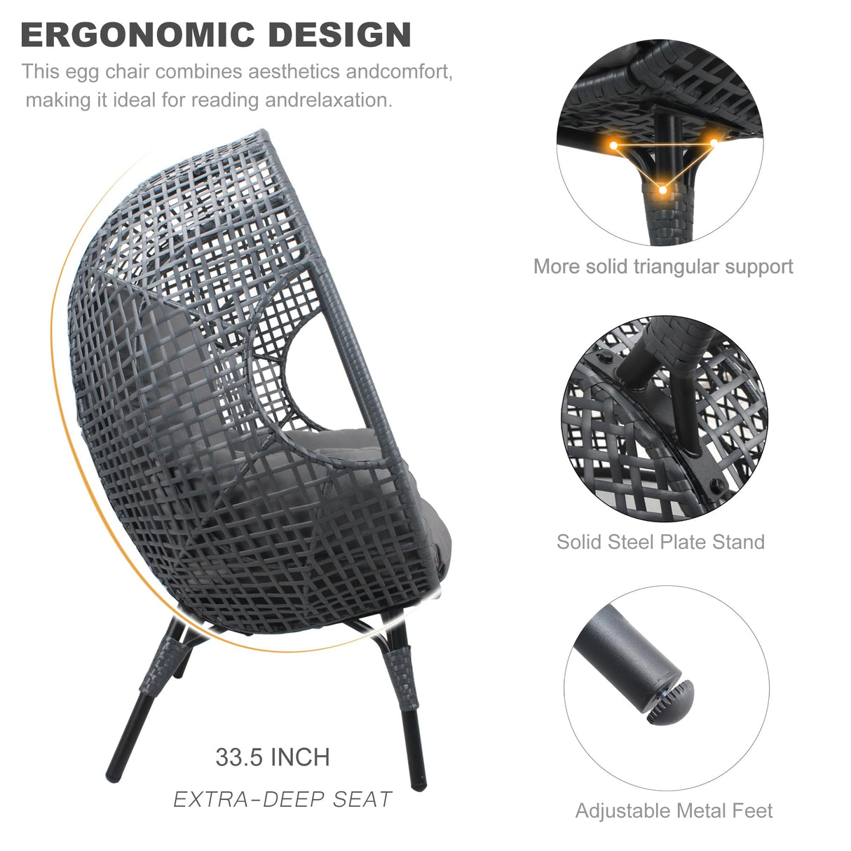 TQKVIPI Oversized Egg Chair-Wicker Outdoor Indoor Rattan Patio Egg Lounge Chairs with Cushion 500lbs Capacity for Living Room, Balcony, Backyard(Grey) TQKVIPI
