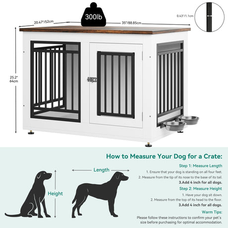 YITAHOME 35" Dog Crate Furniture, Wooden Side End Table with Adjustable Feet and Removable Bowls, Dog Kennel Indoor for Small Medium DogsV YITAHOME