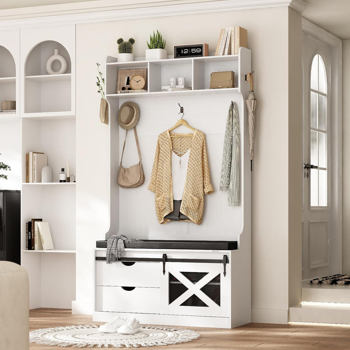 Redlife Entryway Hutch,Hall Tree with Storage Bench, Farmhouse Entryway Bench with Coat Rack, 6-in-1 Coat Rack with Bench, Entrance Organizer with Shoe Storage, Hall Tree with Bench for Hallway Redlifeᅟᅠ