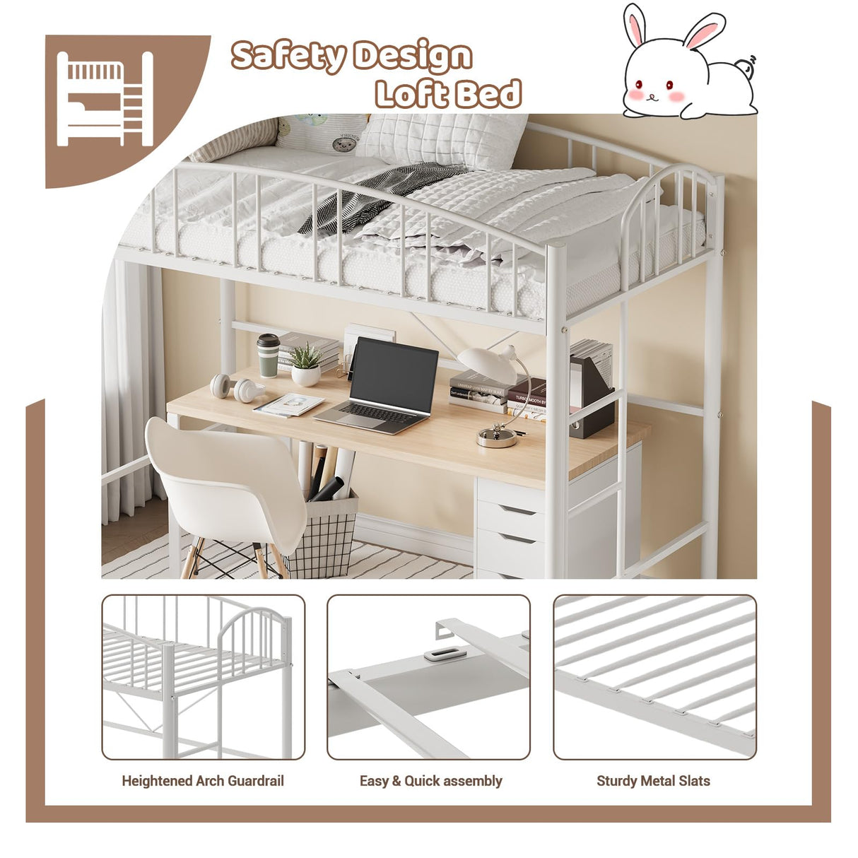 GarveeHome Loft Bed Twin Size, Heavy Duty Metal Loft Bed Frame with Arched Guardrail and Safety Ladder, Space-Saving, No Box Spring Needed, Modern White GarveeHome