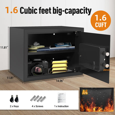 <1.6 cu.ft.>Goldenkey Digital Fireproof Safe for Documents, Personal Safe Box for Laptop, Steel Safes with Removable Shelf for Guns Valuables for Home, office, Hotel, 11.81"D x 14.96"W x 11.81"H GOLDENKEY