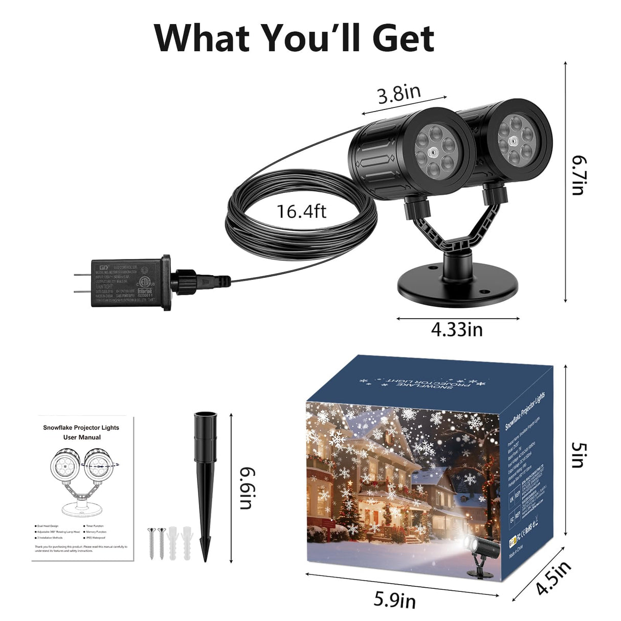 2025 Upgraded Double Head Christmas Snowflake Projector Lights Outdoor, Timing Mode, IP65 Waterproof, 360°Roating LED Christmas Lights, for Xmas Holiday Party Christmas Decoration, Indoor, Houses Kitloo