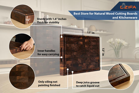 Cozifa American Dark Walnut Wood Cutting Board 17"x12"x1.6" for Kitchen with Juice Groove, Inner Handles, Gift Box Packaging and End Grain Butcher COZIFA