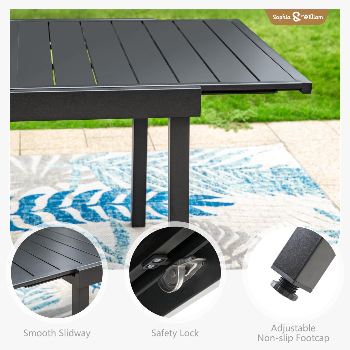 Sophia & William 9 Pieces Patio Dining Set for 6-8 People, Expandable Rectangular Metal Outdoor Table and Rattan Chairs with Cushions, All Weather Patio Table and Chairs Set Sophia & William