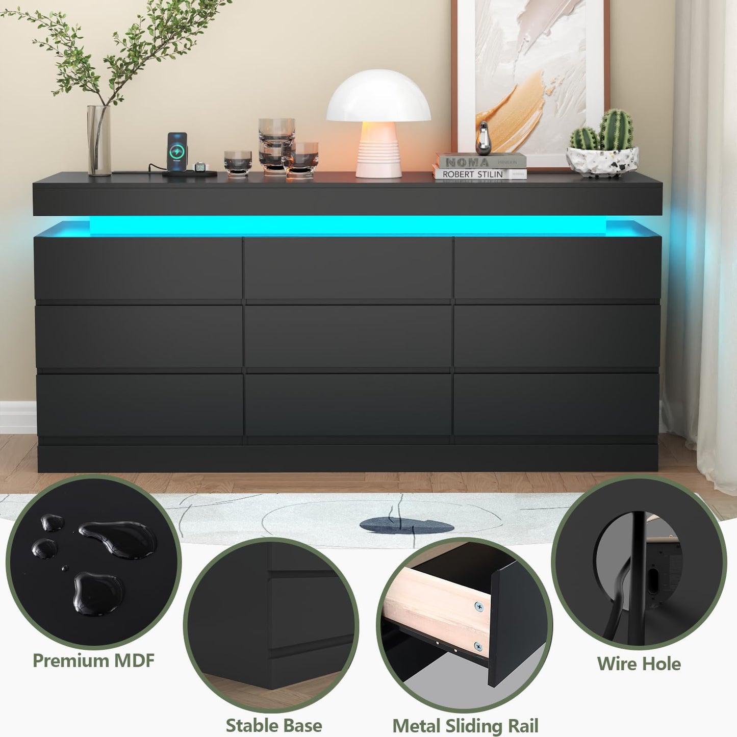 9 Drawer Dresser with Power Outlet, Dresser with LED Light, Modern Chest of Drawers for Closet, Double Wide Drawer Organizer Cabinet for Bedroom, Living Room, Entryway, Hallway (Black, 9 Drawers)