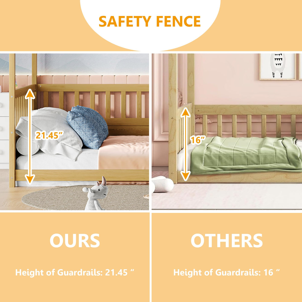 Full Size Canopy Bed Frame with 4 Posters and Guardrails, Full Size Montessori Floor Bed with High Fence, Natural Bellemave