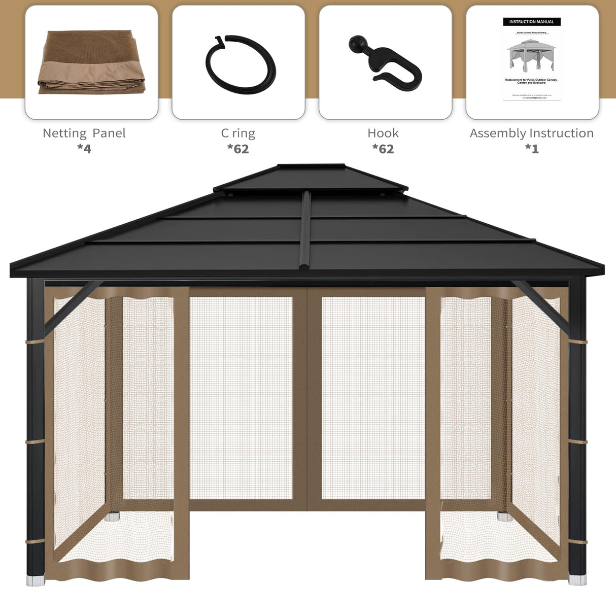 Gazebo Replacement Mosquito Netting Outdoor Universal Gazebo Canopy 4-Panels Screen Sidewalls with Zipper for Patio Garden Yard Backyard (Mosquito Net Only) (10x10, Brown) Iheqard
