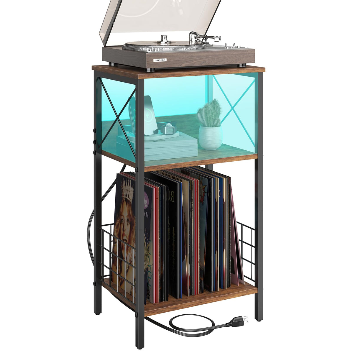 3 Tiers End Table with Charging Station, LED Side Table Turntable Stands for Vinyl Storage, Records Shelf for Albums, Vinyl Shelf Record Player Table for Living Room, Bedroom Rustic Brown WoodArtSupply