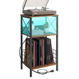 3 Tiers End Table with Charging Station, LED Side Table Turntable Stands for Vinyl Storage, Records Shelf for Albums, Vinyl Shelf Record Player Table for Living Room, Bedroom Rustic Brown WoodArtSupply
