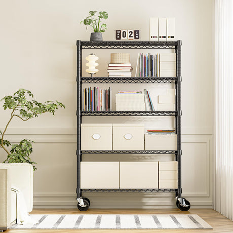 IZEUK 5-Tier Adjustable Heavy Duty Steel Wire Shelving Unit with Wheels, Storage Rack Organizer for Garage, Kitchen, Office, Laundry, Basement (Black, 17.7" D x 47.2" W x 76.7" H, 1750 lbs Capacity) IZEUK