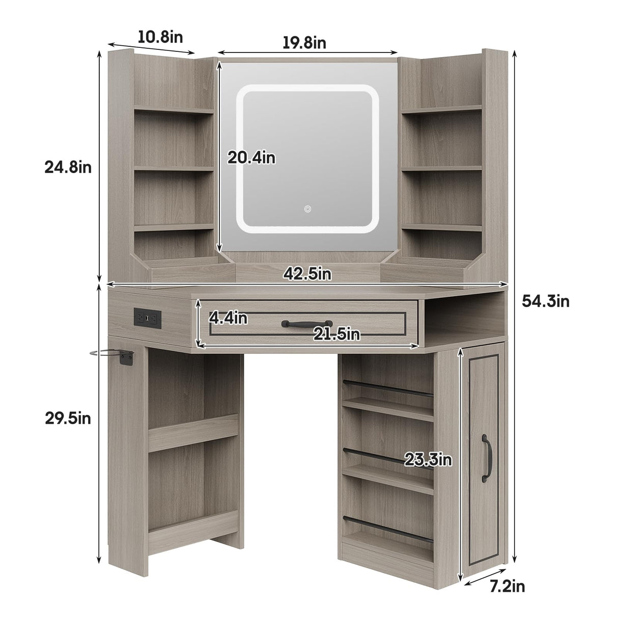 Makeup Vanity Desk, Corner Vanity Desk with HD LED Mirror, Lots Storage Shelves, 2 Drawers & Cabinets, Vanity with Charging Station, 3 Lighting Modes with Adjustable Brightness Maupvit