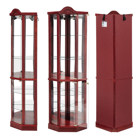 Lighted Corner Display Curio Cabinet Wooden Shelving Unit with Tempered Glass Door, Bar and Liquor Storage Area with 5 Shelves, Wine Cabinet with Curved Top Carving, Cherry CQSXDA