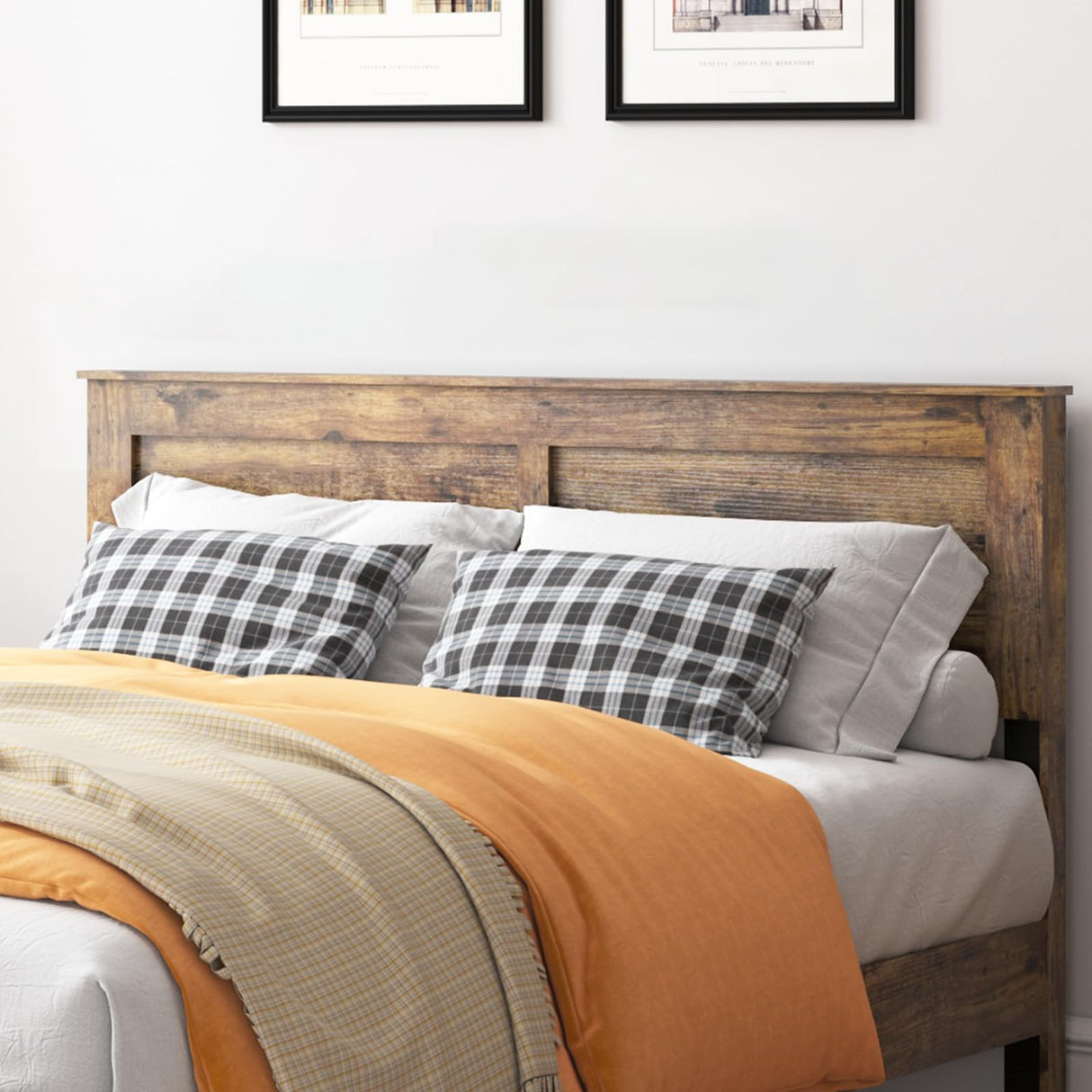 YHJIV Wood King Bed Frame with Headboard, Rustic Farmhouse Platform Bed Frame with 12 Wood Slats Support, No Box Spring Needed, Easy Assembly (Vintage Brown, King) YHJIV