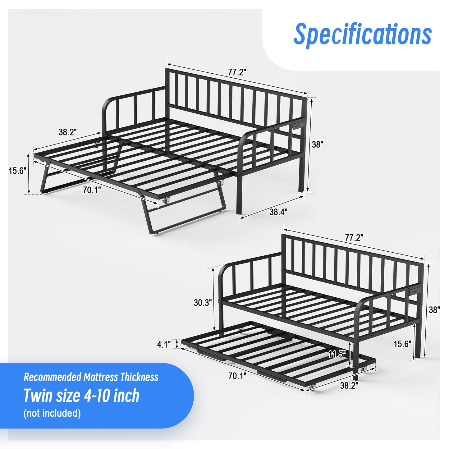 TOLEAD Daybed with Pop Up Trundle, Twin Day Bed with Charging Station and LED Lights, Twin to King Metal Sofa Bed Frame with Steel Slat Support for Living Room, Bedroom and Guest Room, Black