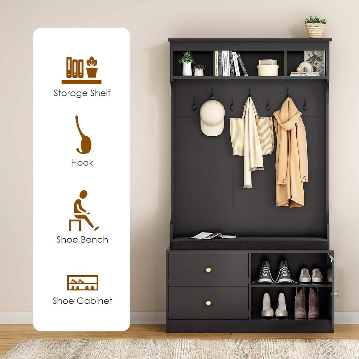 ComeWay Hall Tree with Storage 70.9 Inch Height, Coat Rack with 7 Hooks & Shoe Cabinet with Doors, 6-in-1 Farmhouse Hall Tree Anti-toppling, Shoes Rack for Entryway Hallway, Modern Black ComeWay