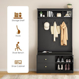ComeWay Hall Tree with Storage 70.9 Inch Height, Coat Rack with 7 Hooks & Shoe Cabinet with Doors, 6-in-1 Farmhouse Hall Tree Anti-toppling, Shoes Rack for Entryway Hallway, Modern Black ComeWay