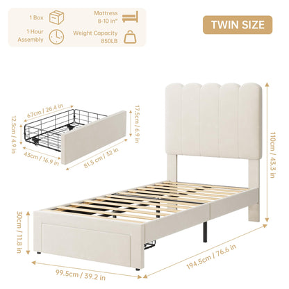 IDEALHOUSE Twin Bed Frame with Storage Drawer and Headboard, Velvet Upholstered Twin Platform Bed Frame for Girls, Strong Wooden Slats Support, Noise-Free, Easy Assembly (Beige)