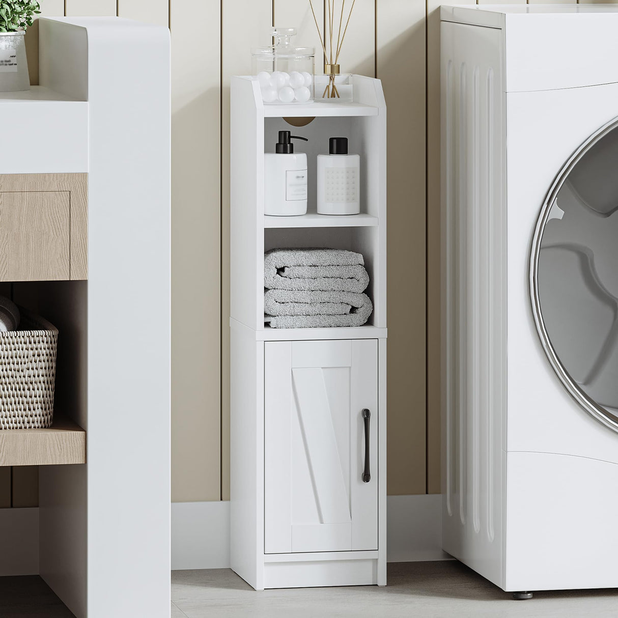 Hzuaneri Bathroom Storage Cabinet, Small Farmhouse Corner Floor Cabinet with Door and Shelves, Narrow Toilet Paper Holder Stand, Bathroom Organizer with Adjustable Shelf, for Small Spaces, White Hzuaneri