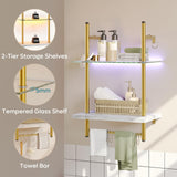 Bestier LED Floating Shelves for Wall, 15" Kitchen Shelves Wall Mounted 2 Tier Shelf with Tower Bar ＆ 6 S-Hooks, Pipe Hanging Shelves Wall Decor for Bathroom Bedroom, White Marble Bestier
