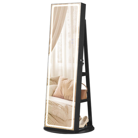 SONGMICS LED Mirror Jewelry Cabinet Standing, Lockable Jewelry Armoire with Full-Length Mirror and Adjustable LED Lights, Space-Saving Jewelry Organizer with Mirror, Gift Idea, Ink Black UJJC008B01 SONGMICS