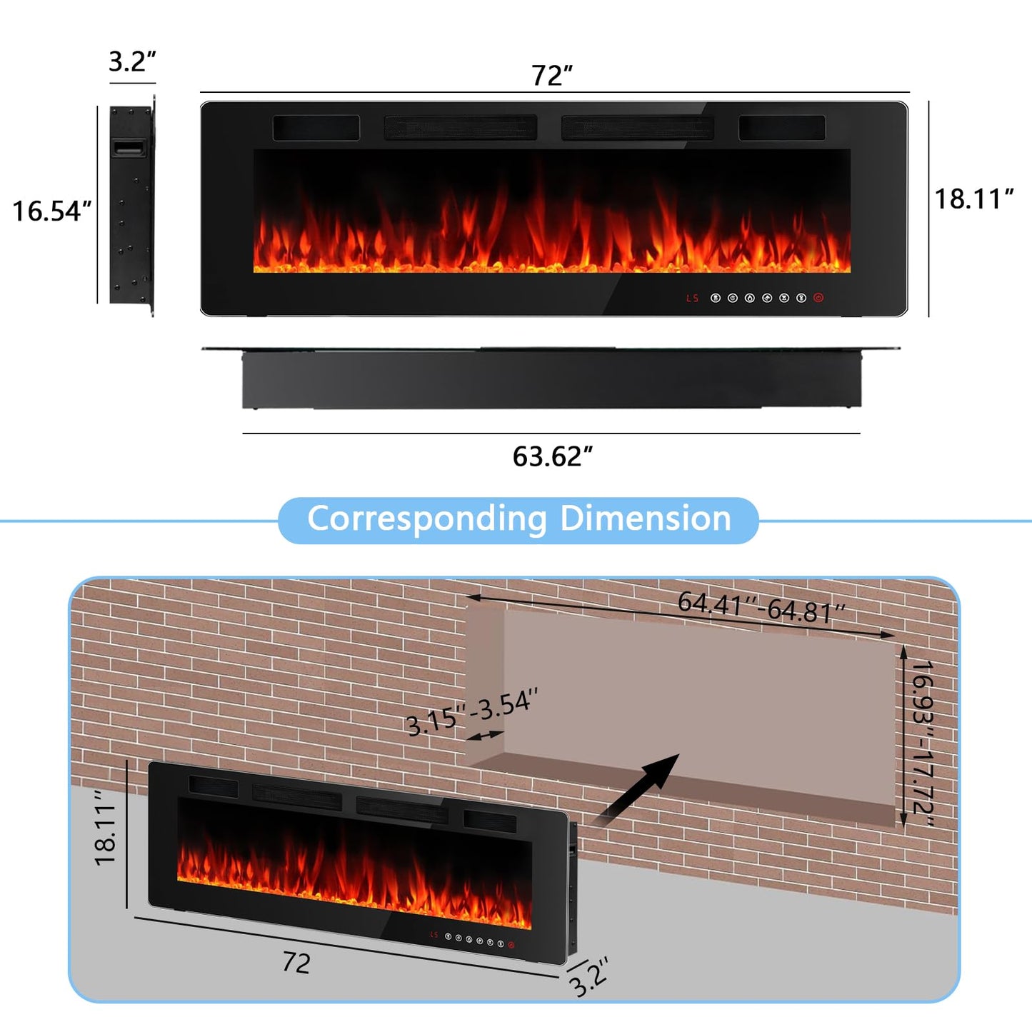 BOSSIN 72 inch Electric Fireplace Recessed and Wall Mounted, Ultra-Thin Silence Linear Electric Fireplace, 12 Adjustable Flame Color & Speed,750/1500W,Touch Screen Remote Control with 8h Timer