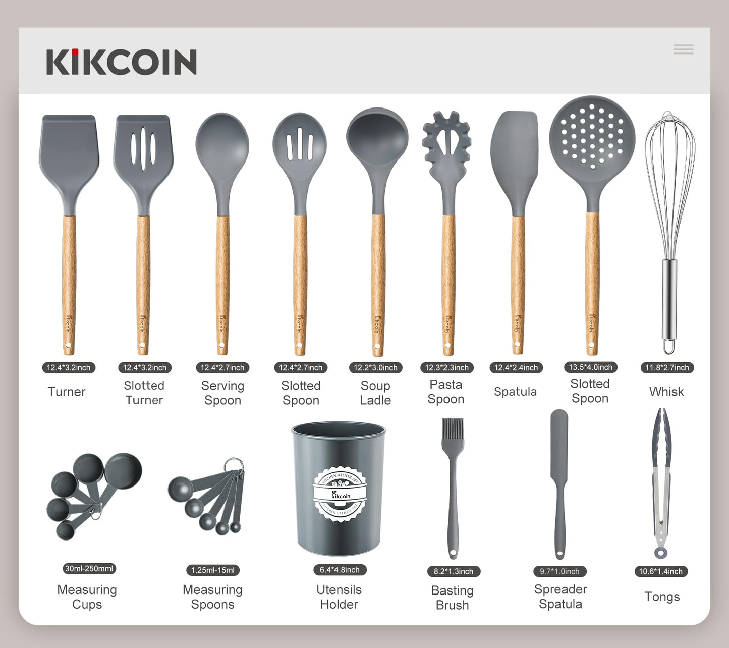 23 PCS Kitchen Utensils Set, Kikcoin Wood Handle Silicone Cooking Utensils Set with Holder, Spatulas Silicone Heat Resistant Cooking Gadgets for Nonstick Cookware, Grey