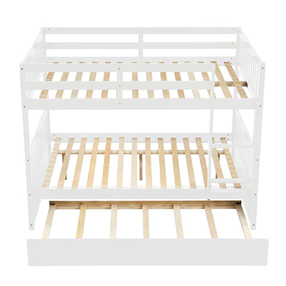 PVWIIK Full Over Full Bunk Bed with Trundle and Ladder for Kids Bedroom,Wood Bed Frame with Safety Rails,Convertible to 2 Bed,No Box Spring Needed,White