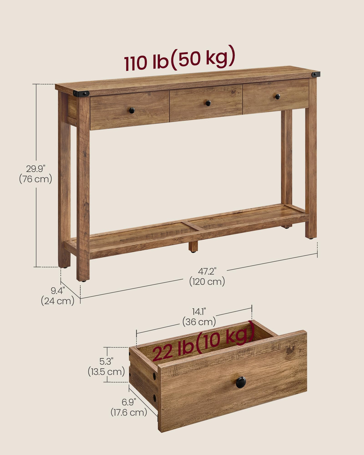 VASAGLE Console Table, Sofa Table, Narrow Entryway Table, Entry Table with 3 Drawers, Open Storage Shelf, Metal Corners, for Living Room, Farmhouse Style, Honey Brown ULNT142KB02S VASAGLE