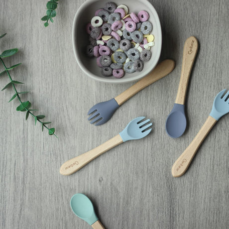 Ginbear Silicone Baby Spoon and Fork Set Self-feeding, Baby Flatware Sets, Toddler Feeding Utensils for Child 6 Months+ (Hazy Green/Almond) Ginbear