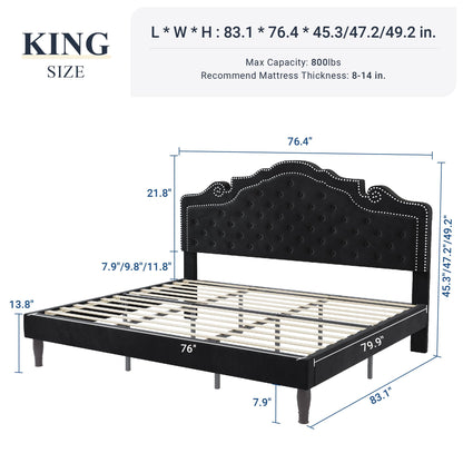 Allewie King Size Platform Bed Frame with Adjustable Velvet Tiara Headboard, Upholstered Diamond Button Tufted, Wood Slats Support, No Box Spring Needed, Mattress Foundation, Easy Assembly, Black