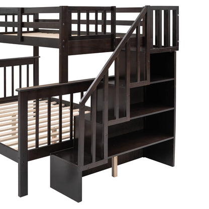 Solid Wood Twin Over Full Bunk Bed with Stairs and Storage Shelves in Espresso by Harper & Bright Designs - WoodArtSupply