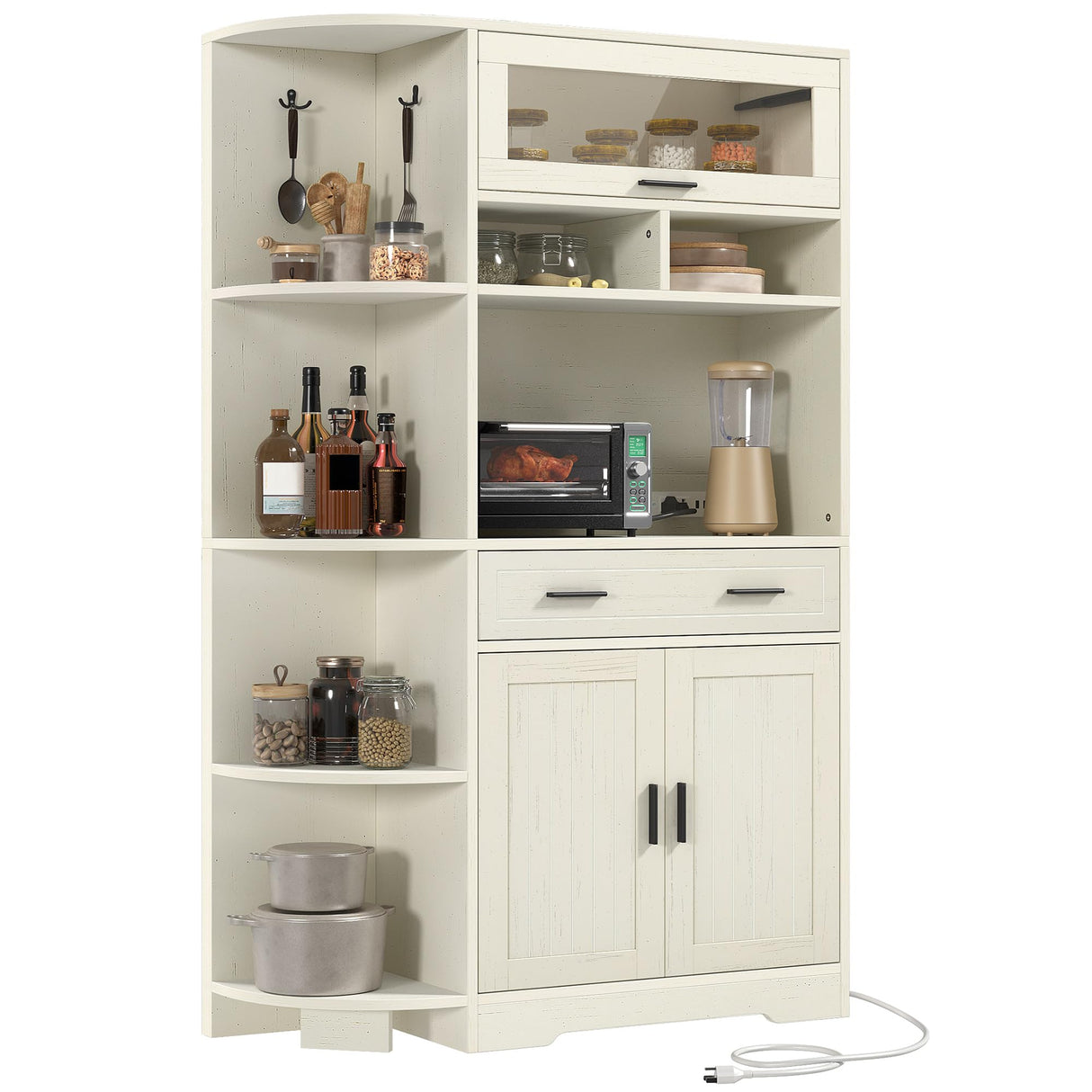DWVO Kitchen Pantry Cabinet with Drawer, 67" Farmhouse Baker Rack with Power Outlets, Buffet Sideboard w/Microwave Stand, Cupboard Hutch Storage Cabinet for Kitchen, Living Room, Dining Room (White) DWVO