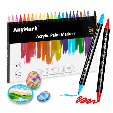 AnyMark 24 Colors Acrylic Paint Markers, Dual Tip Premium Acrylic Paint Pens for Stone, Wood, Calligraphy, Canvas, Ceramic, Metal, Glass, Rock Painting, DIY Crafts AnyMark