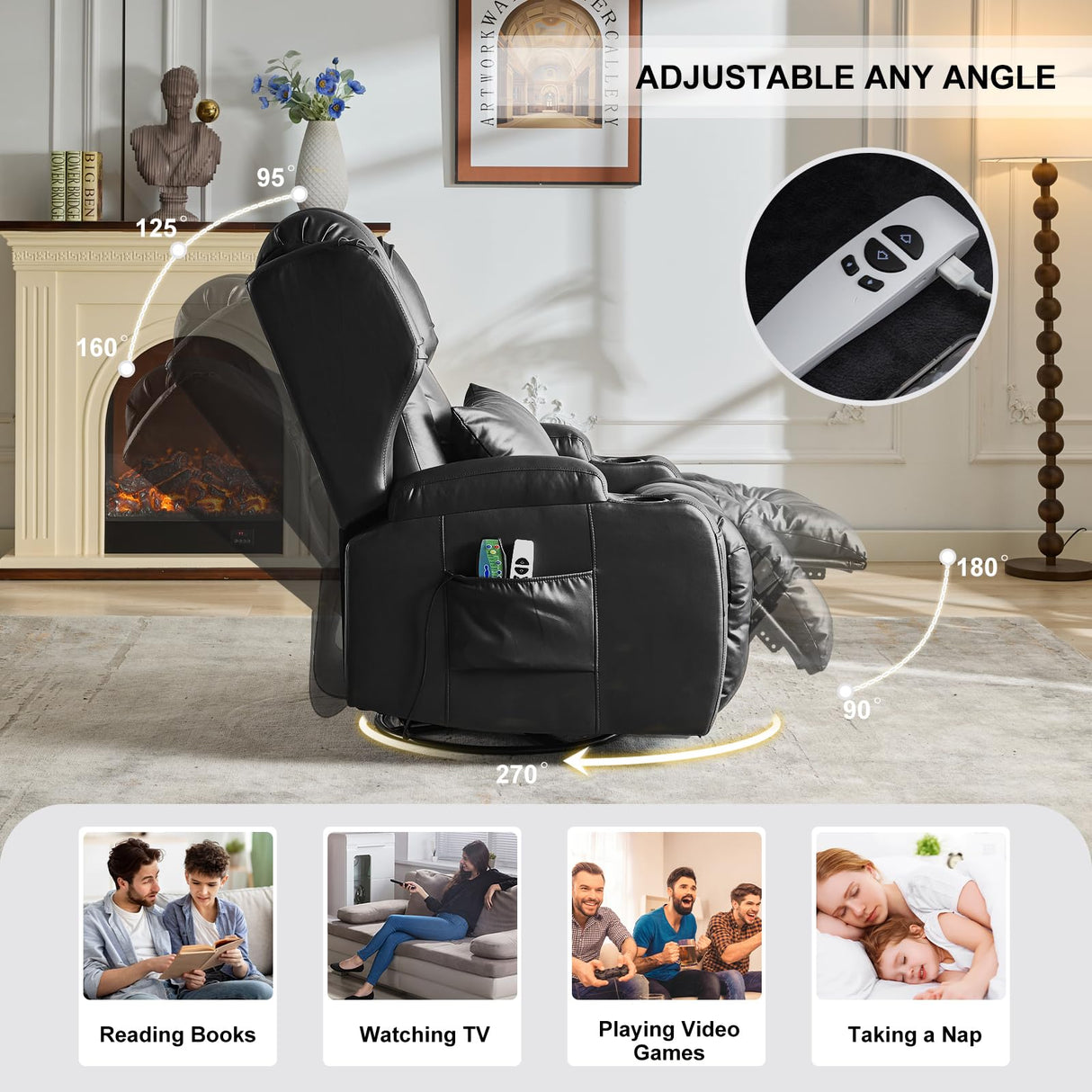 Oprisen Power Swivel Rocker Recliner Chair Home Theater Seating Electronic Glider Chair Upholstered Movie Gaming Reclining Sofa w/Heat Massage/LED Light/USB Port/Cup Holders/Pockets Oprisen