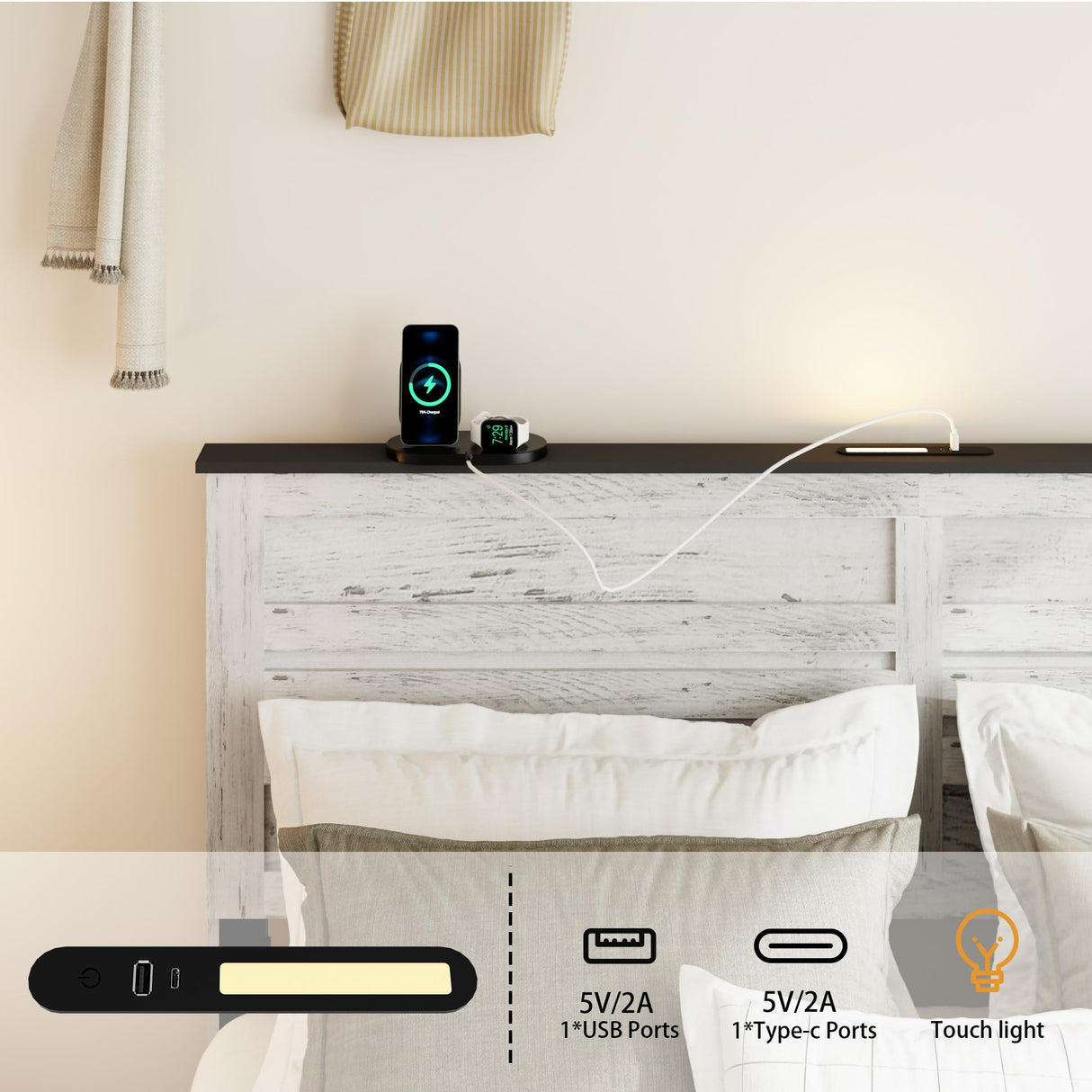 SAMTRA Wooden Full Size Bed Frame with Headboard, Boho White Farmhouse Storage Bedframe with Sliding Barn Door Footboard and Charging Station, Solid Wood Slats, No Box Spring Needed SAMTRA