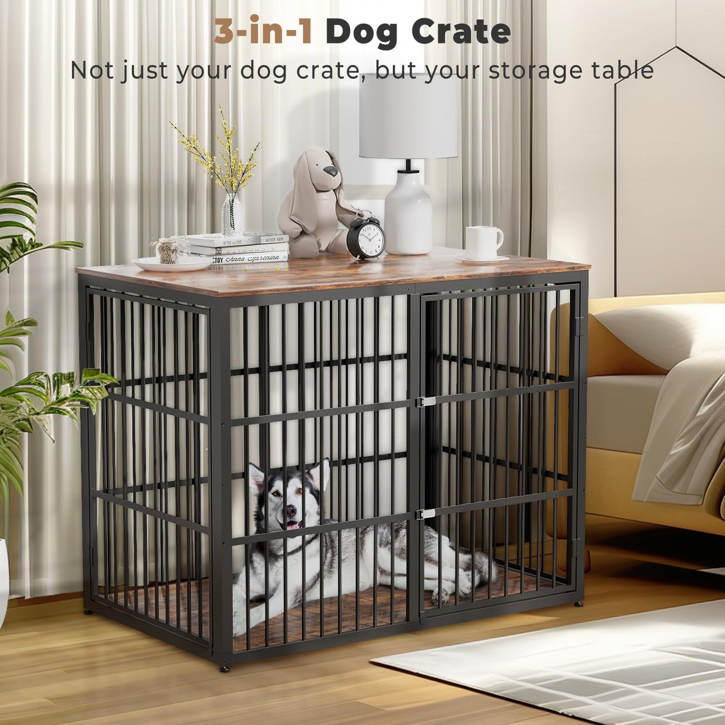 Lyromix 48'' Dog Crate Furniture with 3 Doors,Wooden Dog Crate End Table Heavy Duty Indoor Combination Dog Cage for Medium to Large Dogs, Multiple Units Can be Combined - WoodArtSupply