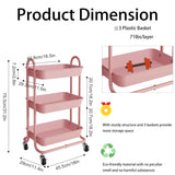 Elitehouse 3-Tier Pink Utility Rolling Cart,Kitchen Storage Carts with Wheels and Plastic Baskets,Pink Rolling Cart for Office,Home,Kitchen,Garden（18"x11.4"x31.2"） Elitehouse